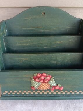 Rustic Green 3 Compartment Letter Holder w 3D Apple Basket Design. 10"X10 X5"